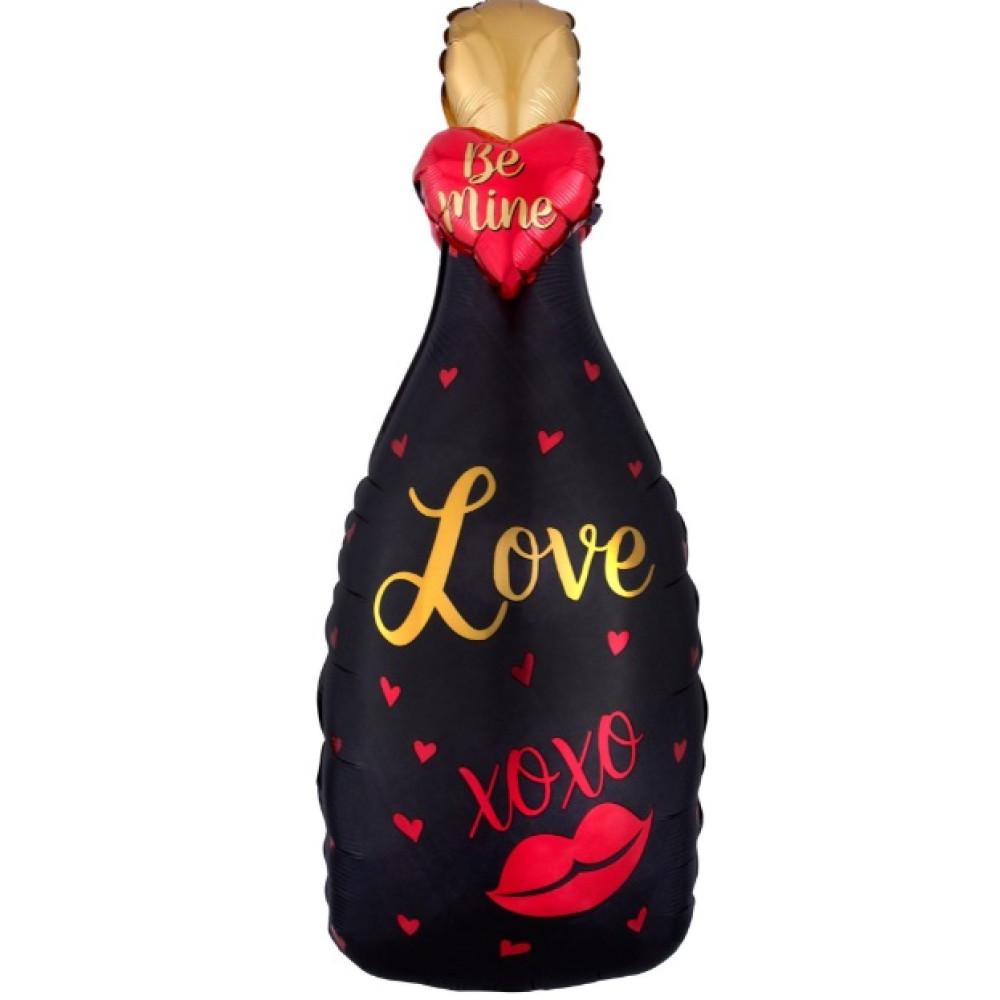 Шар (33''/84 см) Фигура, Бутылка, Шампанское, Love, Черный/Красный